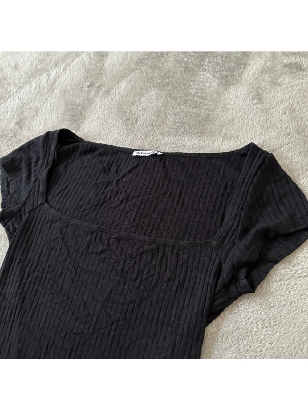 Reformation Square Neck Cap Sleeve Black Ribbed Tee Shirt SMALL - Picture 2 of 6